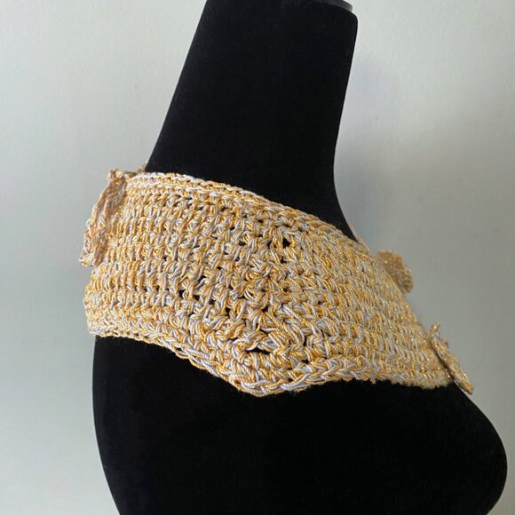 Handmade Crochet Gold Grey Cotton Mohair Holiday Collar Neckwear Accessory - Picture 4 of 7